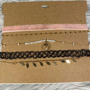 🆕 Gold & Pink Five Choker Necklace Set